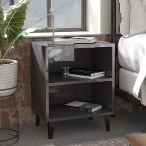 Pilvi High Gloss Bedside Cabinet In Grey With Metal Legs