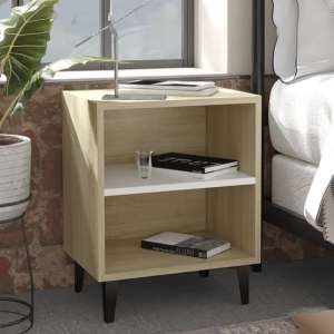 Pilvi Wooden Bedside Cabinet In White And Oak With Metal Legs