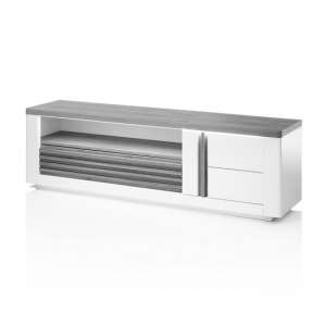 Pinellas Large TV Stand In Grey Oak And White Lacquered Gloss
