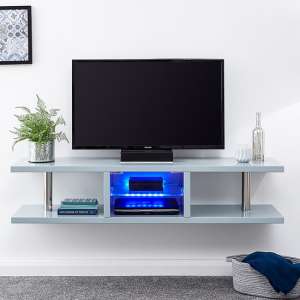 Powick High Gloss Wall Mounted TV Stand In Grey With LED
