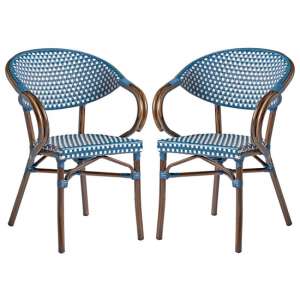 Ponte Outdoor White And Blue Weave Stacking Armchairs In Pair