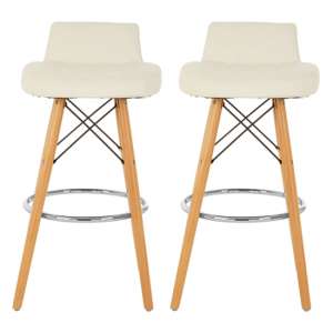 Porrima White Faux Leather Bar Stools With Natural Legs In Pair