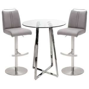 Poseur Round Glass Bar Table With 2 Giulia Ice Grey Stools