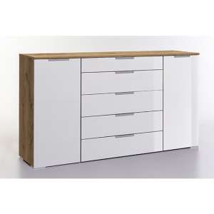 Posterior Wide Sideboard In White High Gloss And Planked Oak