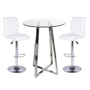 Poseur Bar Table In Clear Glass With 2 Ripple White Bar Stools
