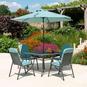 Prats 1100mm Dining Table With 4 Chairs And Parasol In Jade