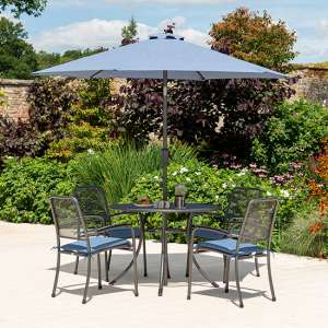 Prats Outdoor Dining Table With 4 Chairs And Parasol In Blue