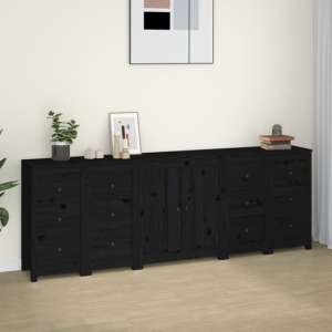 Qabil Pine Wood Sideboard With 2 Doors 12 Drawers In Black