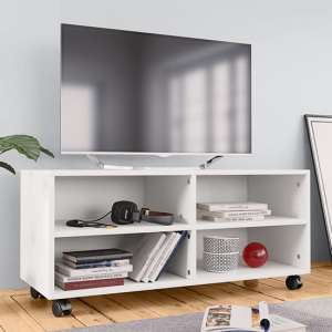 Qusay Wooden TV Stand With Castors In White