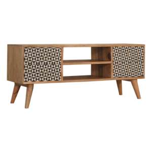 Rafina Wooden TV Stand In Oak Ish And Black Inlay