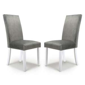 Rabat Grey Velvet Dining Chairs With White Legs In Pair