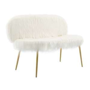 Merope Faux Fur Sofa In White With Gold Finish Metal Legs 