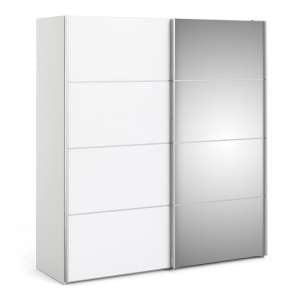 Reck Mirrored Sliding Doors Wardrobe In White With 2 Shelves