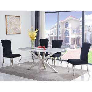 Redlands White Marble Dining Table With 4 Liyam Black Chairs