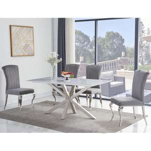 Redlands White Marble Dining Table With 4 Liyam Grey Chairs