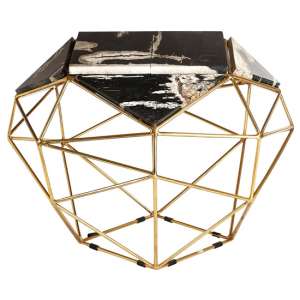 Relics Dark Petrified Wooden Geometric Side Table In Gold Frame
