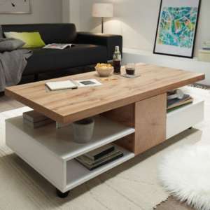 Rennes Wooden Rolling Coffee Table In Oak And White
