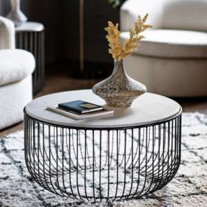 Riesa White Marble Top Coffee Table With Black Metal Base