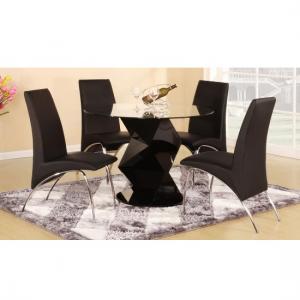 Rasida Dining Table In Clear Glass Gloss Black With 4 Chairs