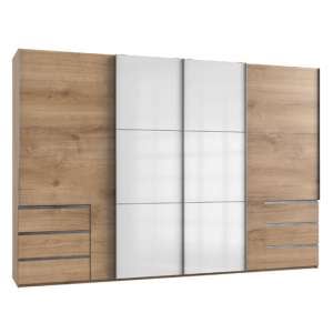 Royd Mirrored Sliding Wide Wardrobe In White Planked Oak 4 Doors