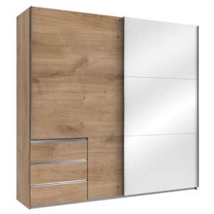 Royd Mirrored Sliding Wide Wardrobe In White And Planked Oak