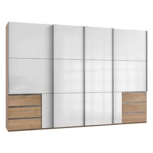 Royd Sliding Wide Wardrobe In White And Planked Oak 4 Doors