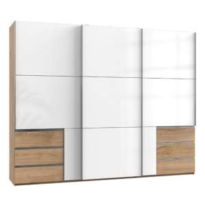 Royd Wooden Sliding Wardrobe In White And Planked Oak 3 Doors