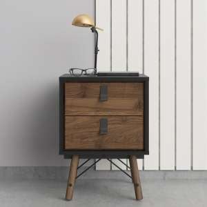 Rynok Wooden Bedside Cabinet In Matt Black Walnut With 2 Drawers