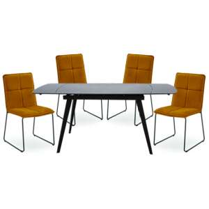 Sabina Extending Grey Dining Table With 4 Soren Mustard Chairs