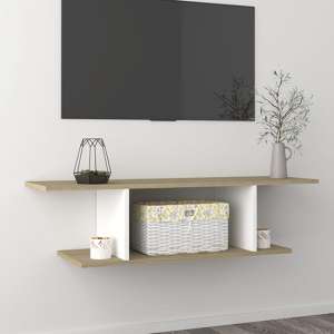 Sabra Wooden Wall Hung TV Stand With Shelf In White Sonoma Oak