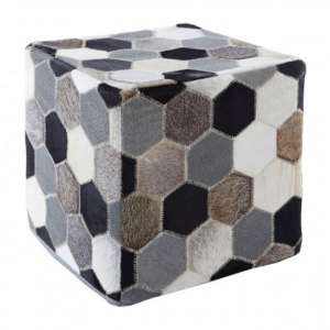 Safire Leather Patchwork Pouffe In Black And Grey