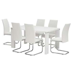 Sako Large Glass White Dining Table 6 Montila White Chairs