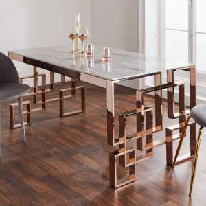 Salina Marble Effect Glass Dining Table With Rose Gold Frame
