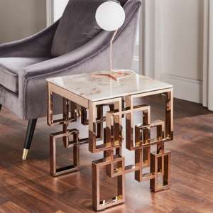 Salina Marble Effect Glass Side Table With Rose Gold Frame