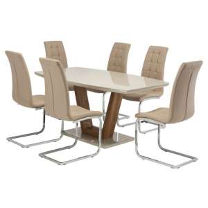 Samson Glass Dining Table In Latte High Gloss 6 Moreno Chairs