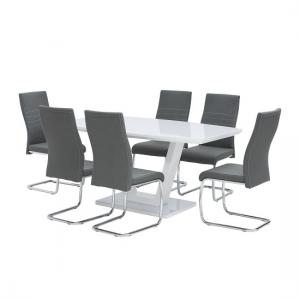 Samson Glass Dining Table In White High Gloss 6 Grey Chairs