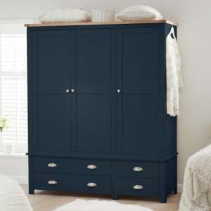 Sandra Wooden Wardrobe With 3 Doors 4 Drawers In Oak And Blue