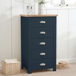 Sandra Narrow Wooden Chest Of 5 Drawers In Oak And Blue