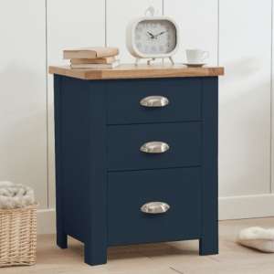 Sandra Tall Wooden Bedside Cabinet 3 Drawers In Oak And Blue