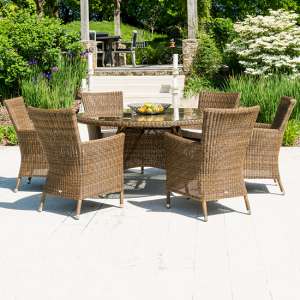 Sanmo Outdoor 1500mm Glass Dining Table 6 Armchairs In Red Pine