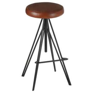 Santorini Round Brown Leather Stool With Black Metal Leg