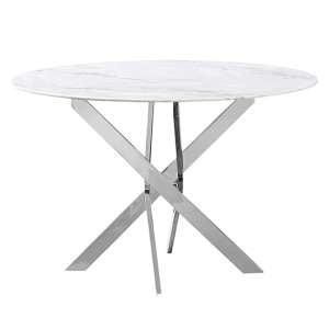 Sauka Round Marble Effect Glass Dining Table In White And Grey