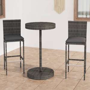 Sautu Poly Rattan Garden Bar Table With 2 Stools In Grey