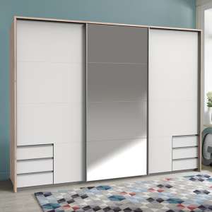 Seattle Sliding Mirrored Wide Wardrobe In White And Hickory Oak