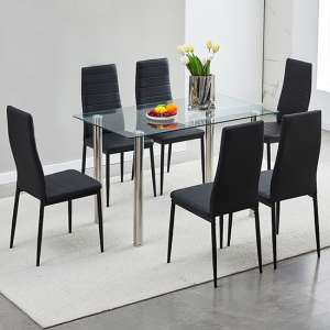 Silo Clear Glass Dining Table With 6 Oriel Black Chairs