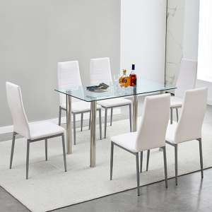 Silo Clear Glass Dining Table With 6 Oriel White Chairs