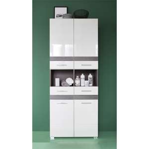 Seon Large Bathroom Storage Cabinet In Gloss White Smoky Silver