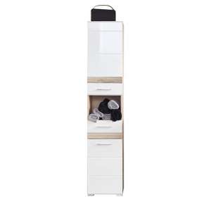 Seon Tall Bathroom Storage Cabinet In Gloss White Light Oak