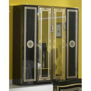 Serena High Gloss Wardrobe With 4 Doors In Black And Gold