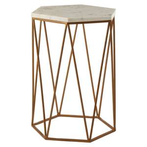 Shalom Hexagonal White Marble Top Side Table With Gold Line Base